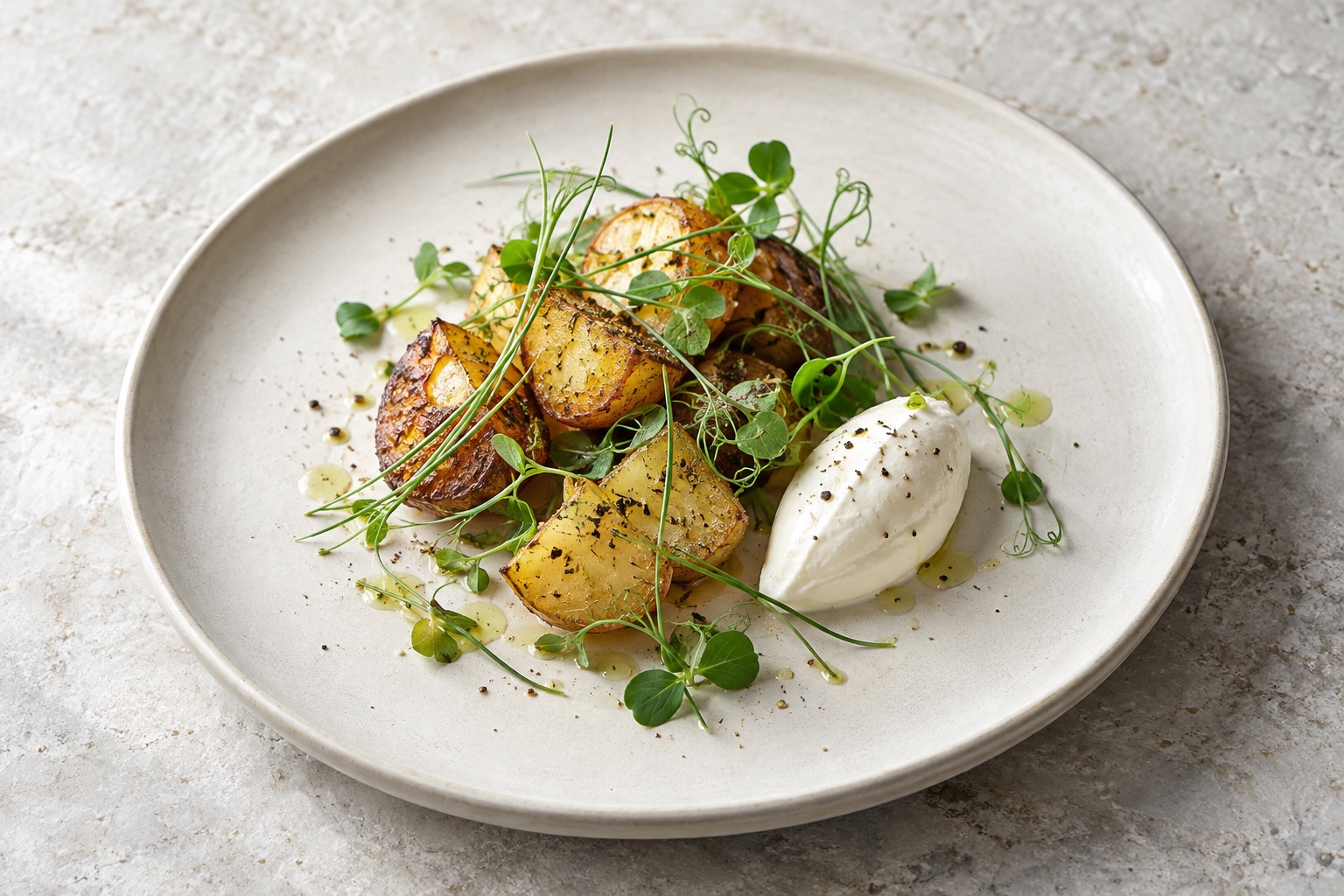 Serving inspiration: roast potatoes, cultured cream and microgreens